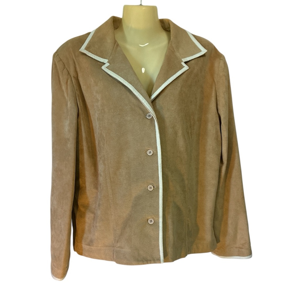 Helga Ultrasuede Jacket 4 Button Close Shoulder Pads White Trim Vintage Retro M